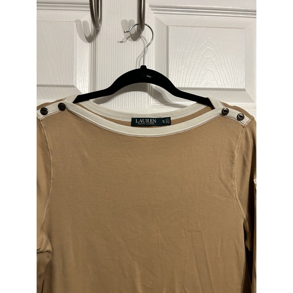 Ralph Lauren Womens XL 3/4 Sleeve Boat Neck Tee Shirt‎ Pocket Sleeve Beige Brown - Picture 7 of 9